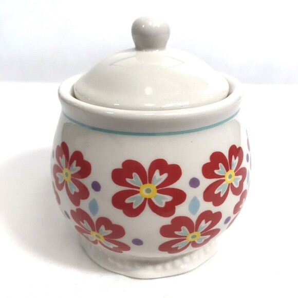 Other - Pioneer Woman Ceramic Sugar Bowl & Lid Red Floral Retro Canister Flea Market